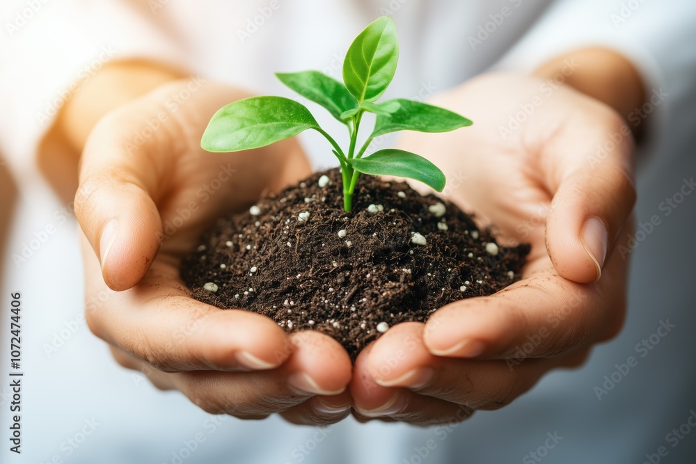 Hands Holding Young Green Plant with Soil - Concept of Growth and Care Hands Holding Young Green Plant with Soil - Concept of Growth and Care