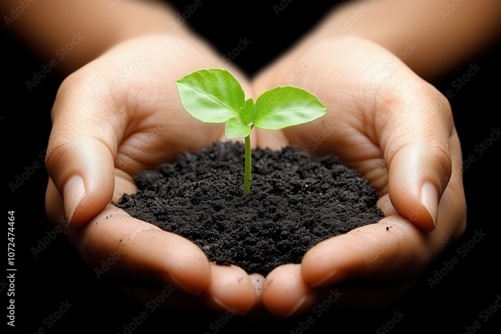 Hands Holding Young Green Plant with Soil - Concept of Growth and Care Hands Holding Young Green Plant with Soil - Concept of Growth and Care