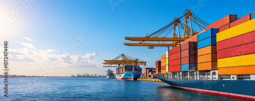 Sunset loading of a large container ship by port cranes in a bustling industrial harbor