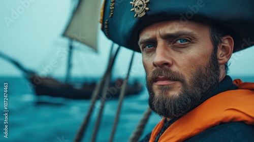 Man dressed-up like a pirate with hat and boat background