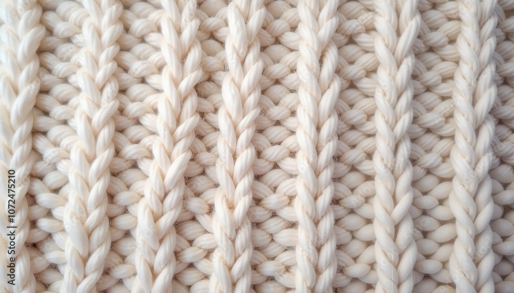 Close-up of thick knitted fabric with cable knit pattern in soft cream color Close-up of thick knitted fabric with cable knit pattern in soft cream color
