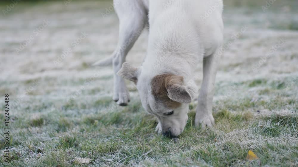 White young labrador retriever dog sniffs ground in frosty winter field. The chilly winter scene captures a moment of canine curiosity. White young labrador retriever dog sniffs ground in frosty winter field. The chilly winter scene captures a moment of canine curiosity.