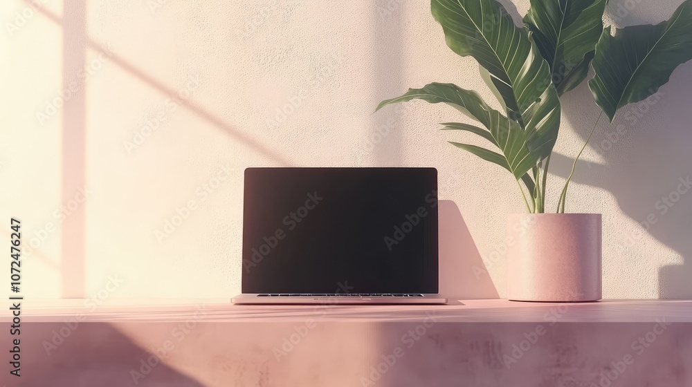Fototapeta premium Aesthetic minimalistic workplace with laptop and plants on pink background.