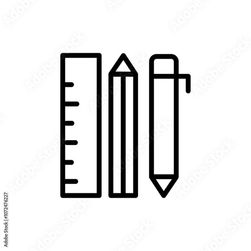 Ruler, pencil and pen icon black and white vector outline sign