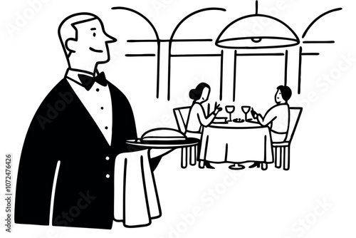 Waiter man serving food in the restaurant. Line art vector illustration
