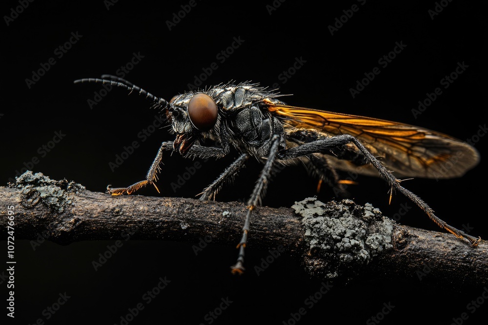 Fototapeta premium Macro Predator: Close-Up of Hairy Robberfly Perched on Tree Branch in Nature