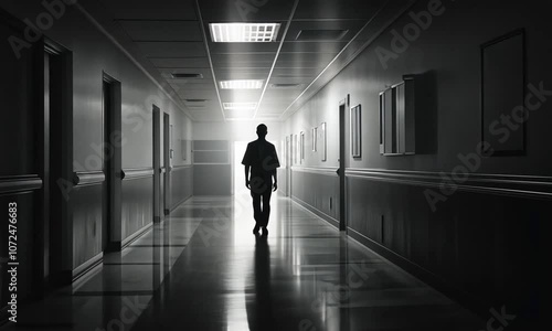 Wallpaper Mural A lone figure walks down a long, sterile hallway, bathed in light coming from the end. Torontodigital.ca
