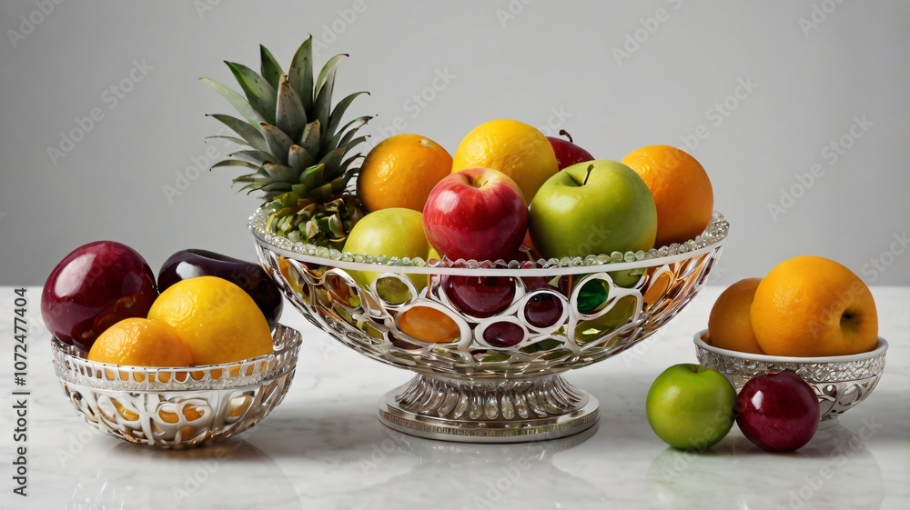 Colorful arrangement of fresh fruits in elegant bowls on a marble surface with a light background Colorful arrangement of fresh fruits in elegant bowls on a marble surface with a light background