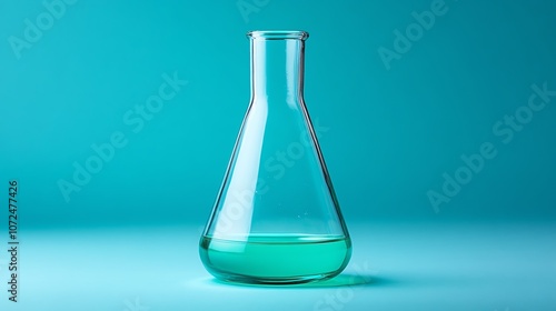 Glass beaker with green liquid against a vibrant turquoise isolated white background