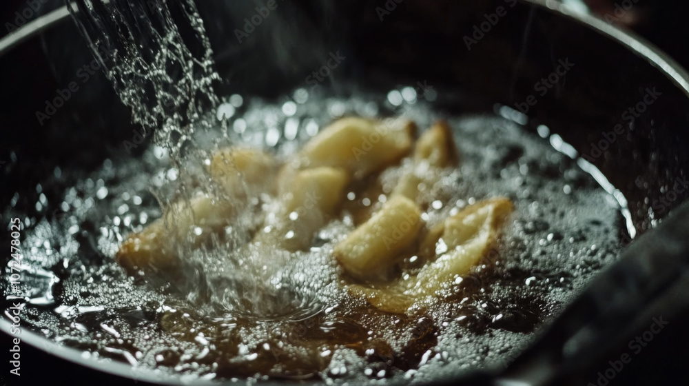 crispy french fries being fried in a pan crispy french fries being fried in a pan