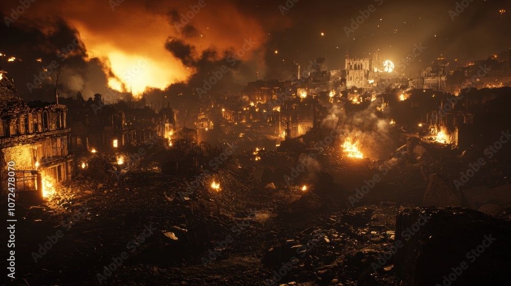 Obraz premium A city engulfed in flames, the night sky illuminated by the fire and smoke.