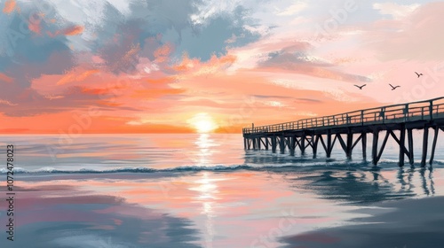 Wallpaper Mural A wooden pier extends into the ocean at sunset, with a fiery sky and calm water reflecting the setting sun. Torontodigital.ca