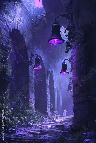 Gothic ruins with glowing purple bells, small ghost character, dark and eerie, mystical ambiance, gamelike scene photo