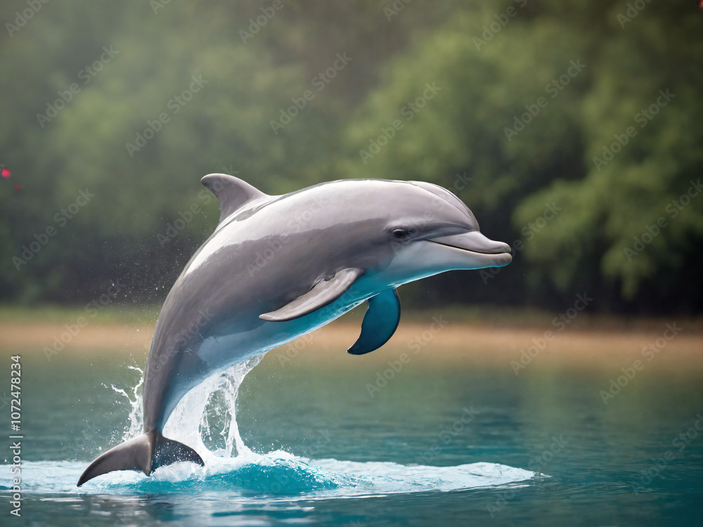 Fototapeta premium Capturing the Playful Dolphin: A Cinematic Journey of Boisterous Enthusiasm and Excitement in a Hazy Morning Setting with Pentax K-1 and 24-70mm f2.8 Lens on a Rainy Day Mood