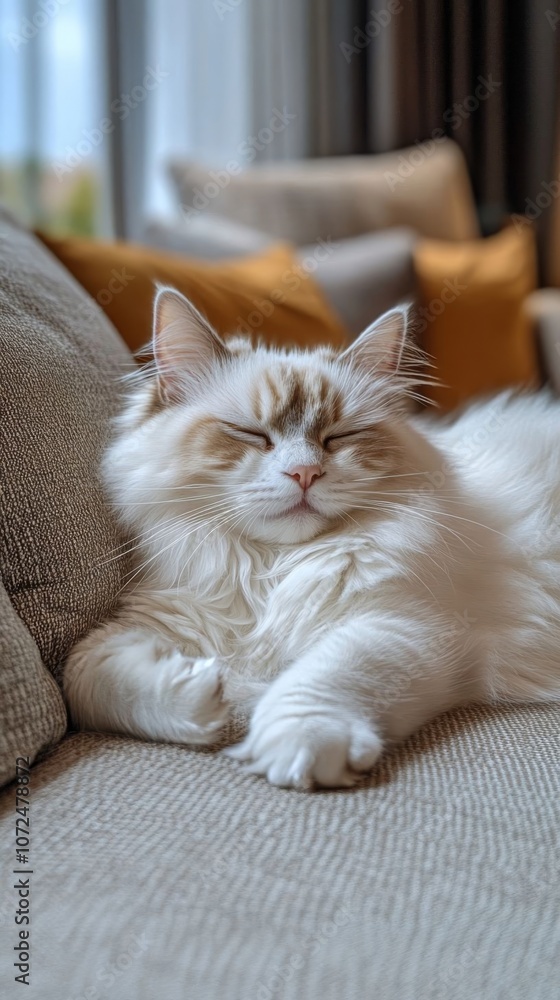 Cozy white cat resting on couch. Cozy white cat resting on couch.