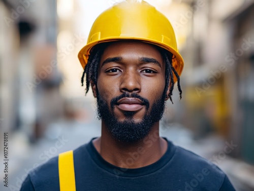 A young construction worker with a beard and yellow helmet stands on a city street, embodying strength and dedication amidst an urban environment bustling with life.