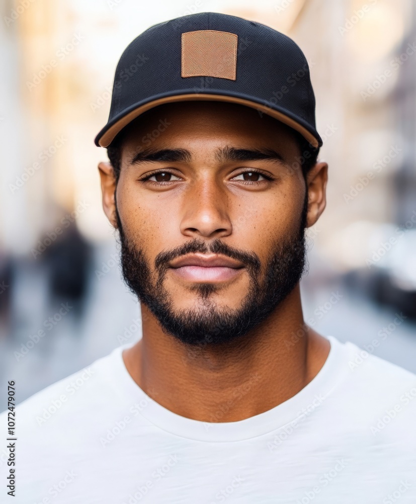 An athletic young man wearing a cap and casual attire, standing confidently in an urban setting, with a strong and determined expression, exemplifying modern youth.