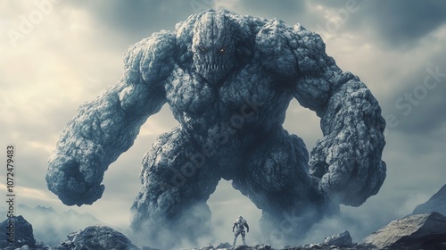 Massive stoneskinned creature standing on rocks muscular and intimidating intense fantasy character design