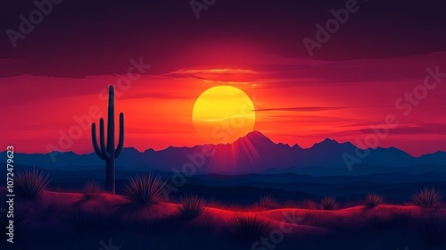 minimalist desert landscape with a single cactus and a warm sunset photo