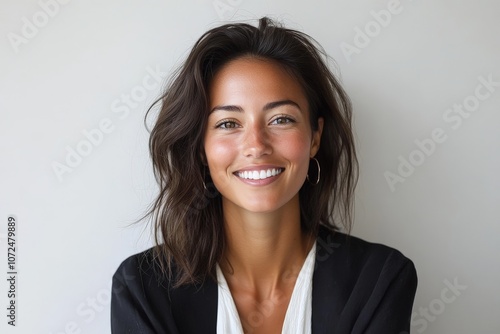 A young woman with a vibrant smile and casual hairstyle exudes confidence and warmth, standing against a light background conveying optimism and joy.