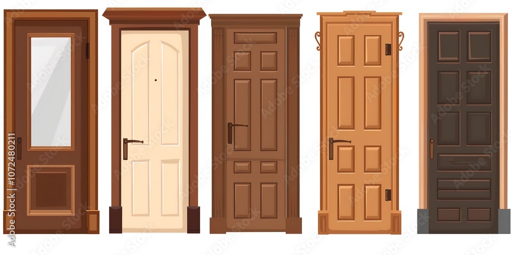 Fototapeta premium A collection of brown wooden interior doors, isolated on a white backdrop, Generative AI.