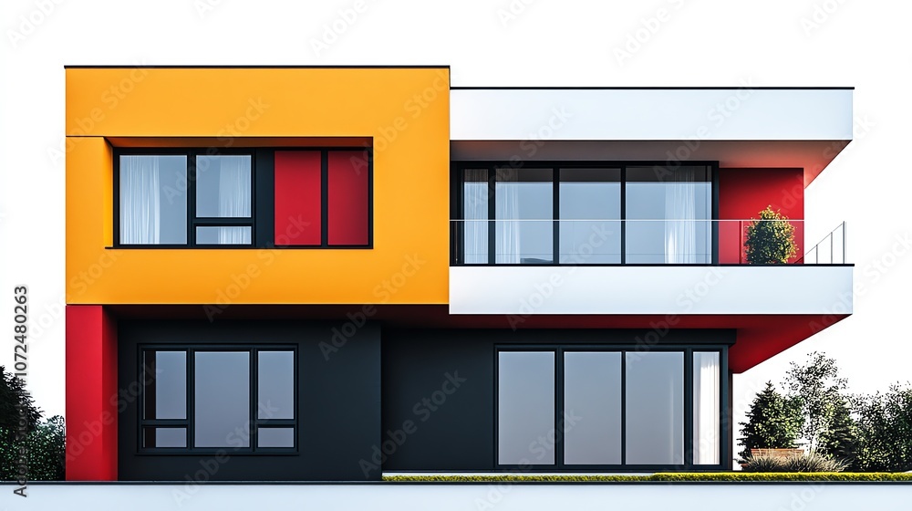 Modern house facade, bold colors, clean lines, large windows, minimalist architecture style, isolated on white background Modern house facade, bold colors, clean lines, large windows, minimalist architecture style, isolated on white background