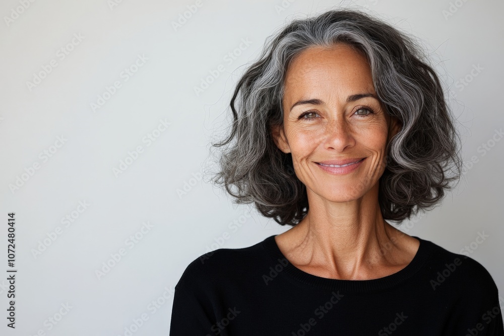 A mature woman with gray hair and a soft smile looks elegant and graceful, expressing wisdom and beauty in simplicity against a plain background. A mature woman with gray hair and a soft smile looks elegant and graceful, expressing wisdom and beauty in simplicity against a plain background.