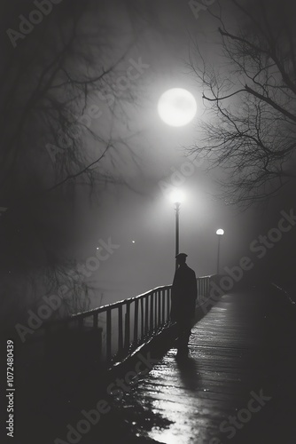 Mysterious figure on a bridge under a full moon, moody night scene with lamplight photo