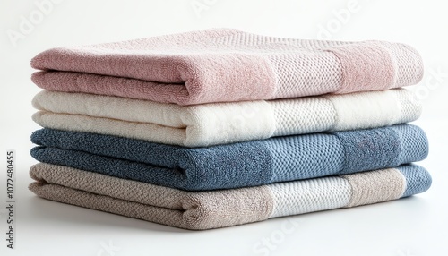 Neatly folded pastel towels stacked on a white surface, cozy and inviting vibe isolated white background