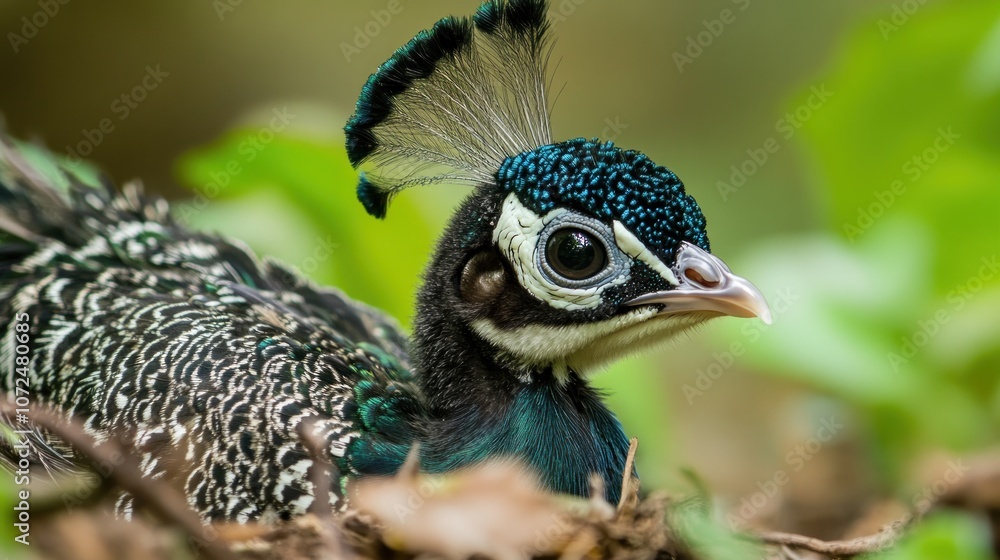 Close-Up Portrait of a Young Peacock with a Blue Crest Close-Up Portrait of a Young Peacock with a Blue Crest
