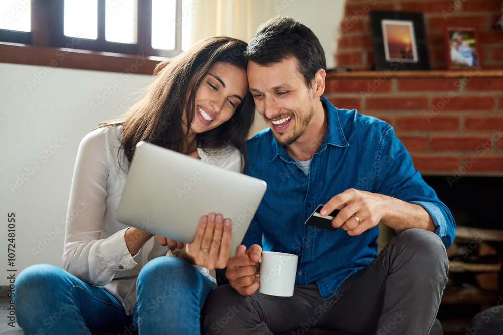 Credit card, tablet and happy couple in home for online shopping, internet banking or drink coffee. Technology, man and woman in living room for payment, financial money or excited for discount offer Credit card, tablet and happy couple in home for online shopping, internet banking or drink coffee. Technology, man and woman in living room for payment, financial money or excited for discount offer