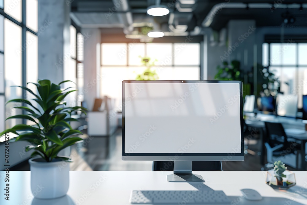 Obraz premium A mockup of a white-screen modern computer in a chic office, Generative AI.