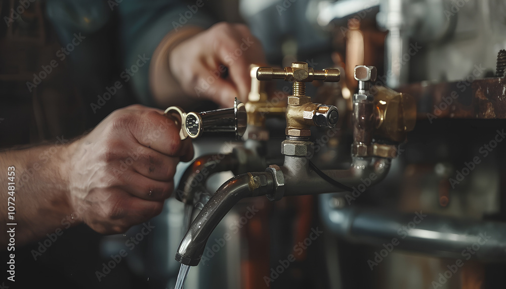 Master plumber connects the brass fittings to the faucet with an adjustable wrench. Close-up of a foreman is hands while working in a workshop Master plumber connects the brass fittings to the faucet with an adjustable wrench. Close-up of a foreman is hands while working in a workshop