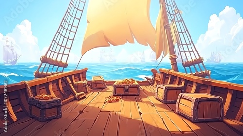 Pirate ship deck with treasure chests cannons and torn sails sunny sea backdrop playful cartoon style