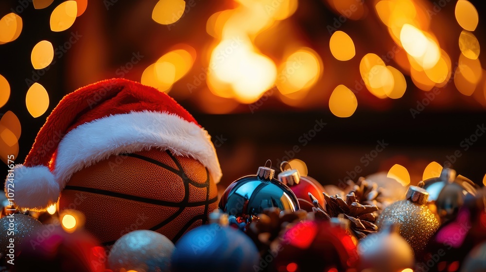 Fototapeta premium A festive basketball adorned with a Santa hat surrounded by colorful ornaments.