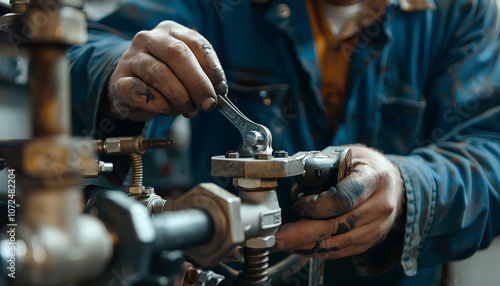 Master plumber connects the brass fittings to the faucet with an adjustable wrench. Close-up of a foreman is hands while working in a workshop