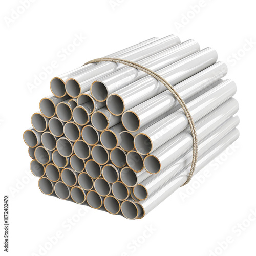 Stack of white tubes tied with rope, isolated on white background, transparent background photo