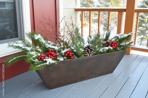 Winter porch planter with snow-covered pine branches, red berries, and pinecones, creating a festive holiday decoration outdoors