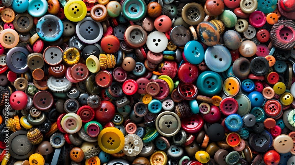 A vibrant collection of colorful buttons in various sizes and designs scattered together. Perfect for sewing, crafting, or as a playful background for creative projects.
