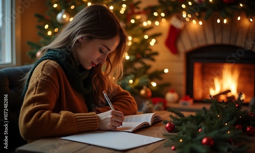 houghtful Woman Writing in a Notebook by a Cozy Fireplace with Christmas Tree in the Background photo