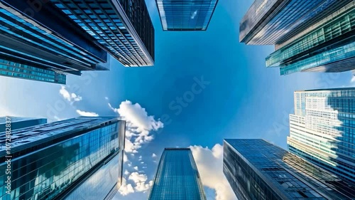 Business and Finance Concept. View Looking up at Modern Office Building Architecture in the Financial District. Office Building Windows, Corporate Offices of Successful Companies photo