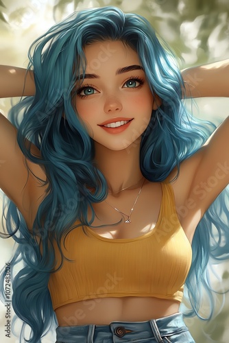 Energetic anime girl with wavy blue hair, hands behind head, vibrant smile, soft light background, casual outfit, fun and lively character design photo