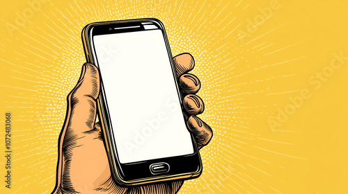 Wallpaper Mural Hand holding smartphone with blank screen. Pop art style illustration on yellow background with rays. Torontodigital.ca
