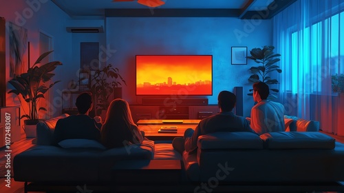 Family watching TV in a modern living room cozy, illustrated scene with a relaxed atmosphere photo