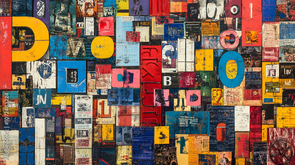Fototapeta premium Abstract Collage of Colorful Letters and Numbers on Wood Panels
