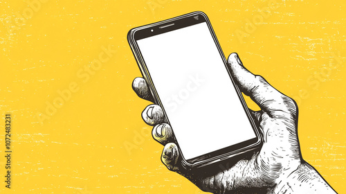 Vintage style hand illustration holding mobile phone with empty screen on textured yellow background.