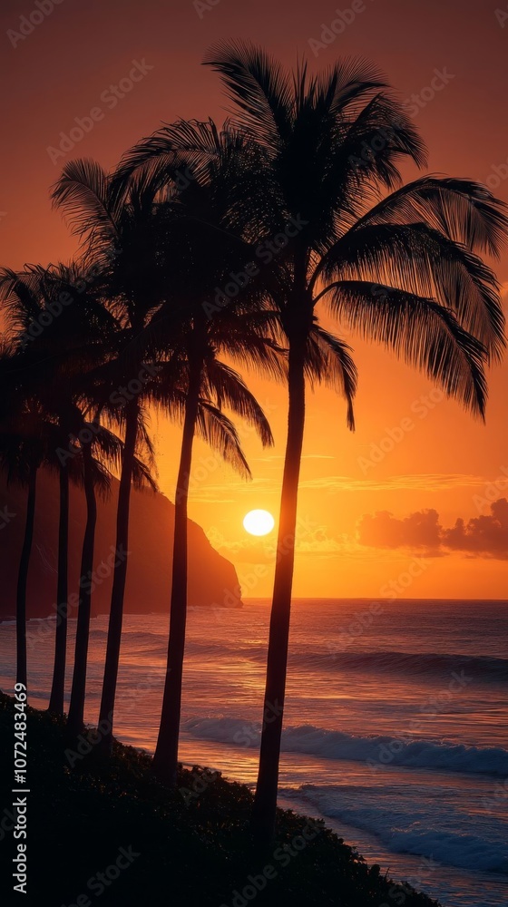 Fototapeta premium Palm trees silhouetted at sunset.