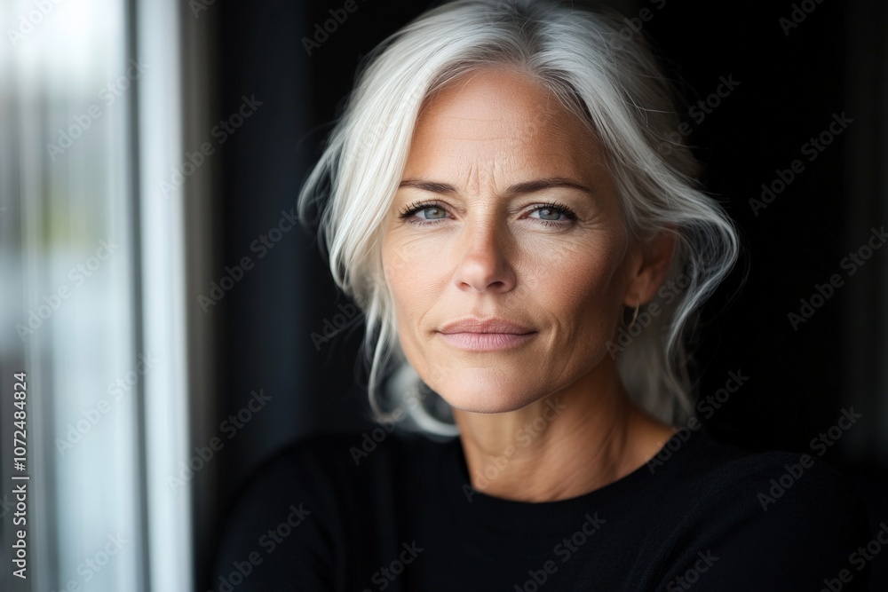 A graceful older woman with flowing grey hair, framed in a dark interior, gazes confidently at the camera, combining elegance and inner strength. A graceful older woman with flowing grey hair, framed in a dark interior, gazes confidently at the camera, combining elegance and inner strength.