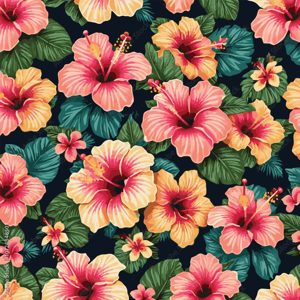 Abstract multicolor a solid hibiscus blooming flowers motif arrangement with medium tone all over vector design with cream background illustration digital image for wrapping paper or textile printing. Abstract multicolor a solid hibiscus blooming flowers motif arrangement with medium tone all over vector design with cream background illustration digital image for wrapping paper or textile printing.