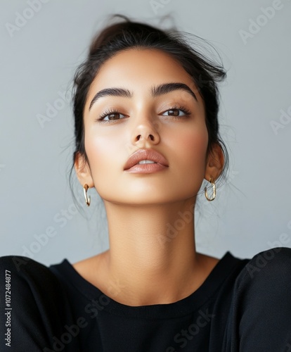 A polished and sophisticated portrait of a young woman with striking features, wearing gold hoop earrings and a black top, set against a minimalist grey background.